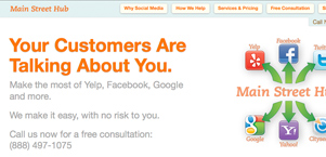 screenshot of Main Street Hub website with text "Your customers are talking about you"