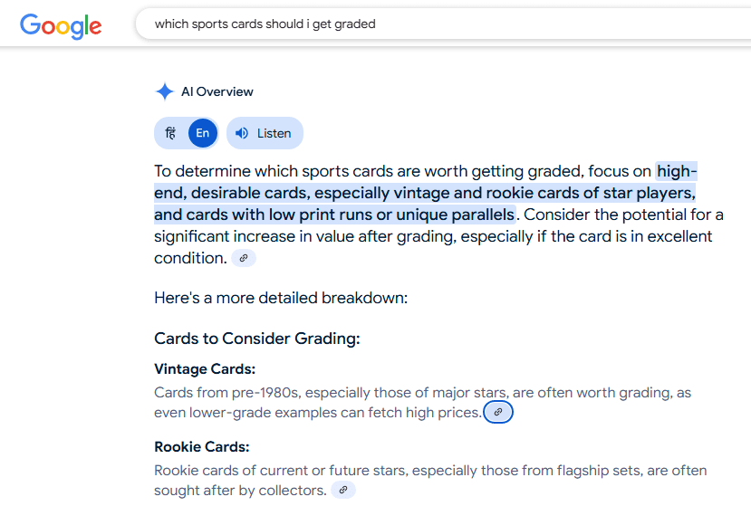 AI Overview explaining sports card grading