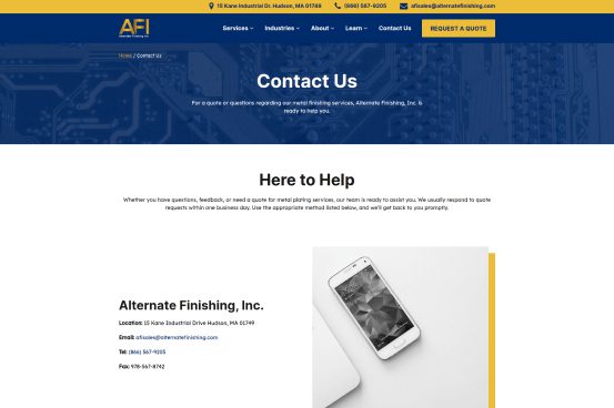 New Contact Us Page for Alternate Finishing