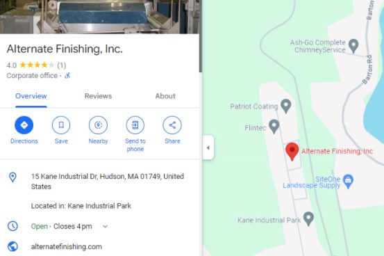 Hudson, MA Google Business Profile location for Alternate Finishing