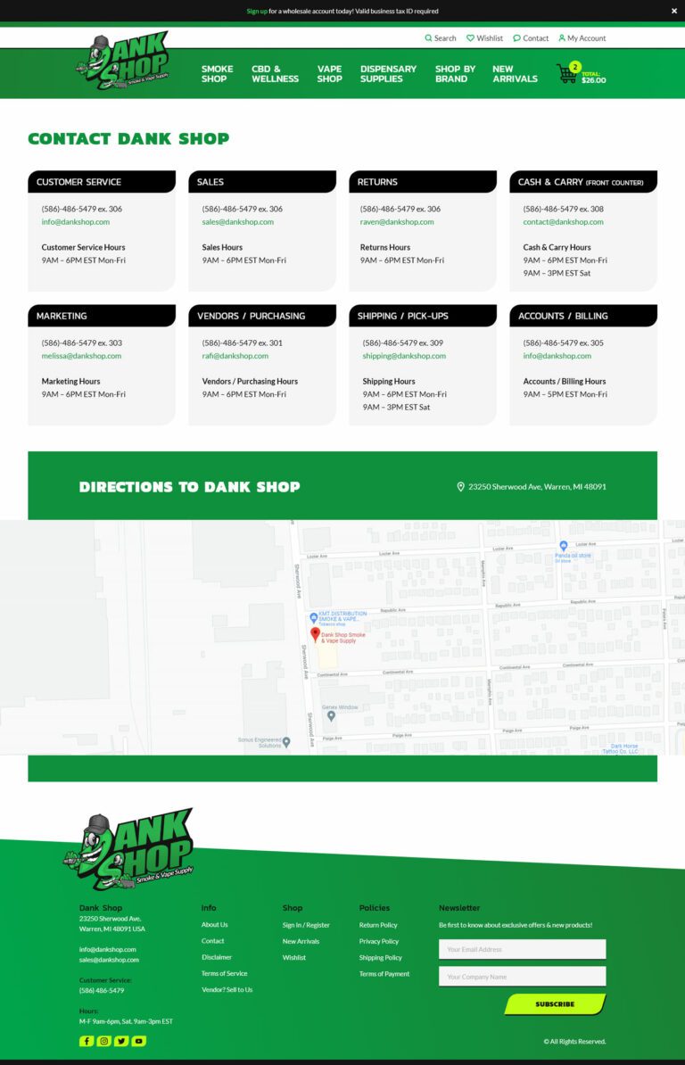 Contact us page for Dank Shop as seen on their website