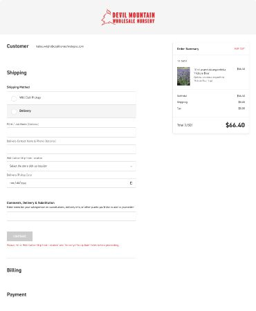 Checkout page for Devil Mountain Nursery