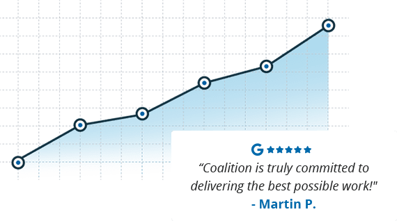 an upwardly trending line graph overlaid by a client testimonial