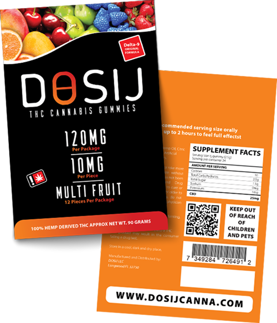 Dosij Mixed Fruit Delta-9 Gummies Packaging Front Cover and Dosij Orange CBD Gummies Packaging Back Cover