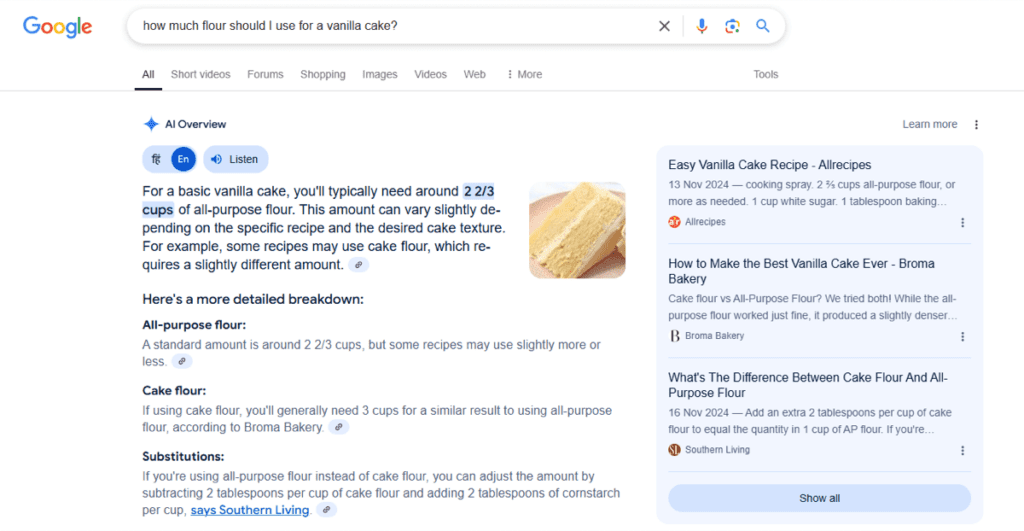Google AI Overviews search for a vanilla cake recipe