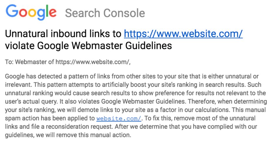 A screenshot of Google Search Consoles Manual Actions report - unnatural inbound links