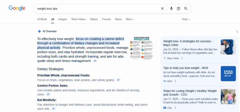 Google’s search results for the term ‘weight loss’