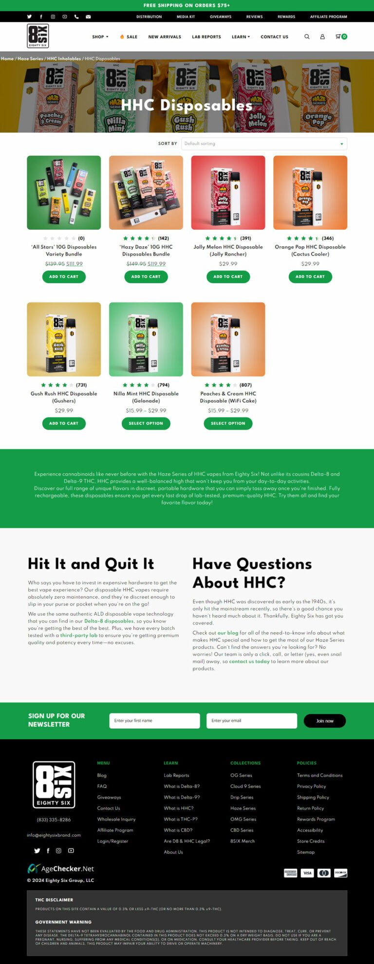 HHC Disposable Product Page for CBD company Eighty Six Brand