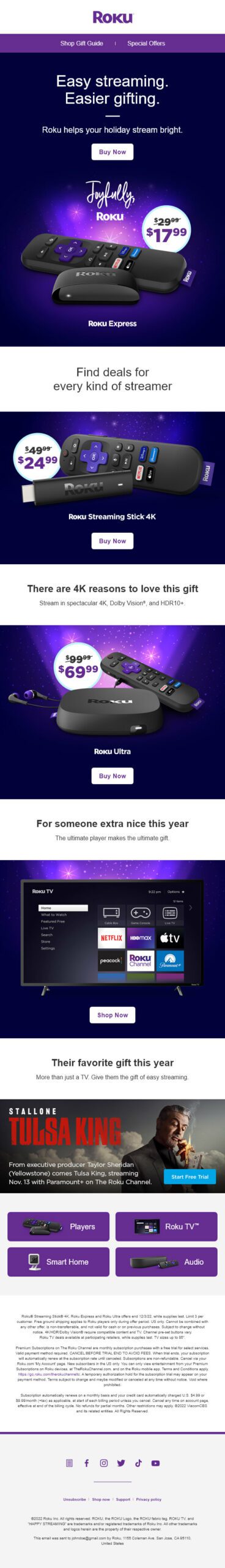 Email template showing the Easy streaming Easier Gifting campaign