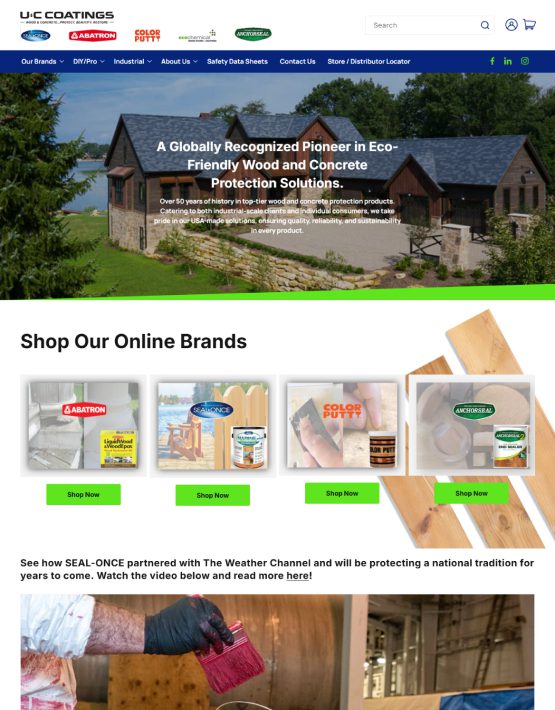 Homepage for U-C Coatings showcasing eco-friendly wood solutions