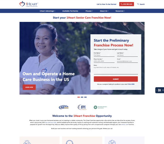 Home page for 1Heart Franchise