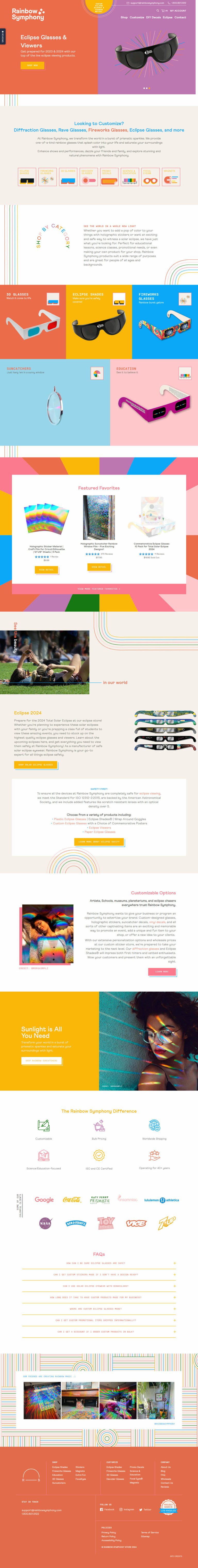 Rainbow Symphony Home Page Showing its Product Options and Contact Information