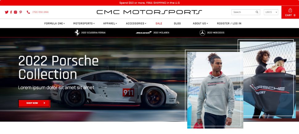 Home page of a motorsports store
