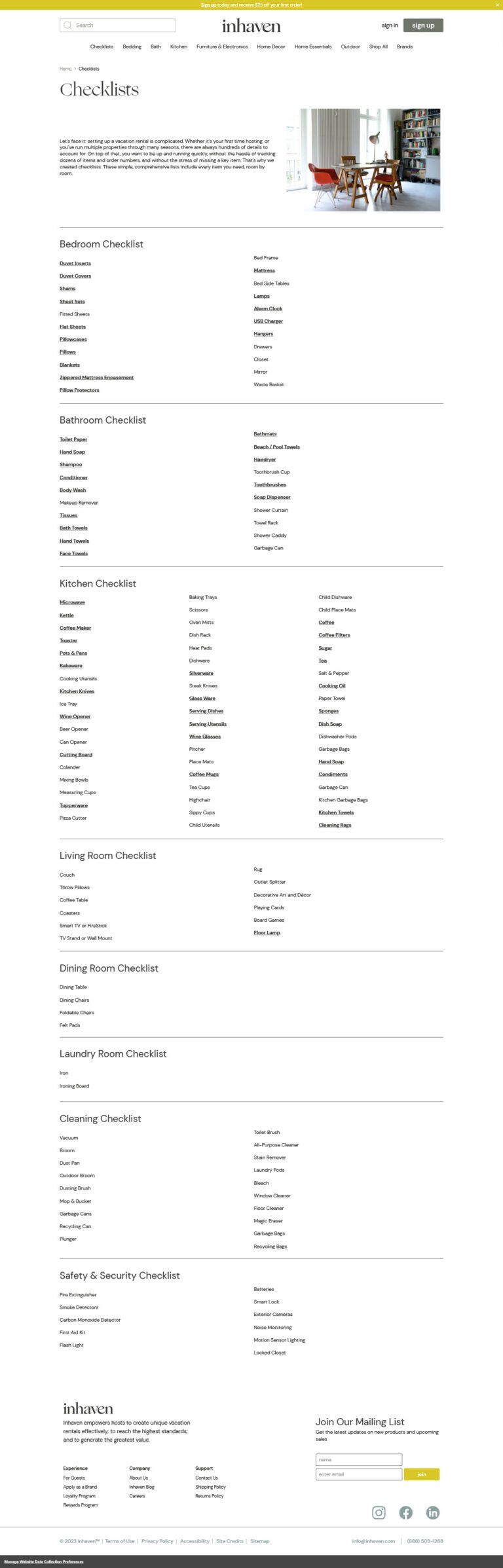 Checklists for all category pages seen on Inhaven.com