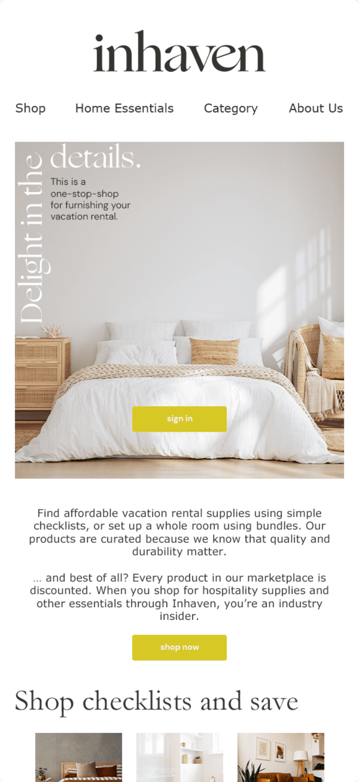 Inhaven general email template with featured brands and shop by category options