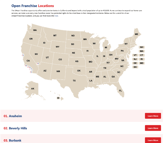 Interactive Map for 1Heart Franchise Showing Open Franchise Locations