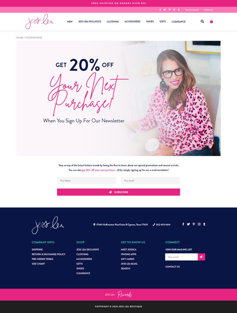 Get 20% off your next purchase coupon page for Jess Lea Beauty