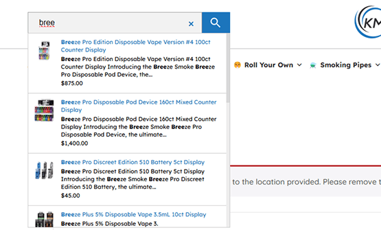 Search page as seen on KMT Distribution’s website