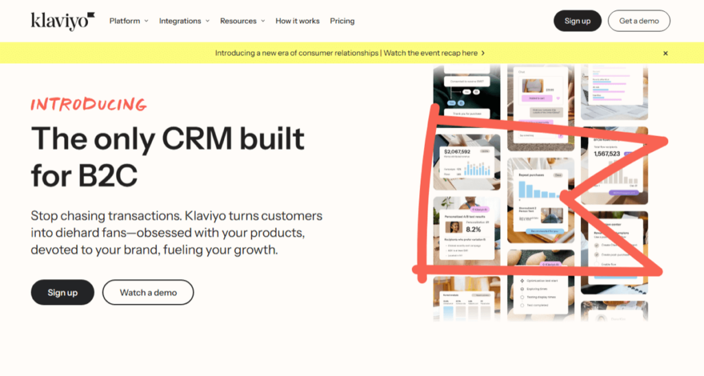 Klaviyo’s homepage, featuring their CRM