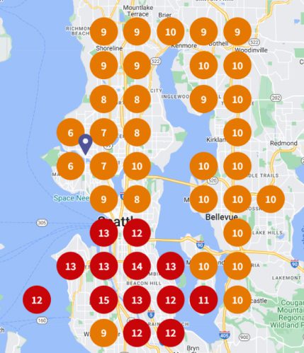Local Search Grid for Surrounding Areas for Seattle Commercial Cleaners for two month period ending December 2023