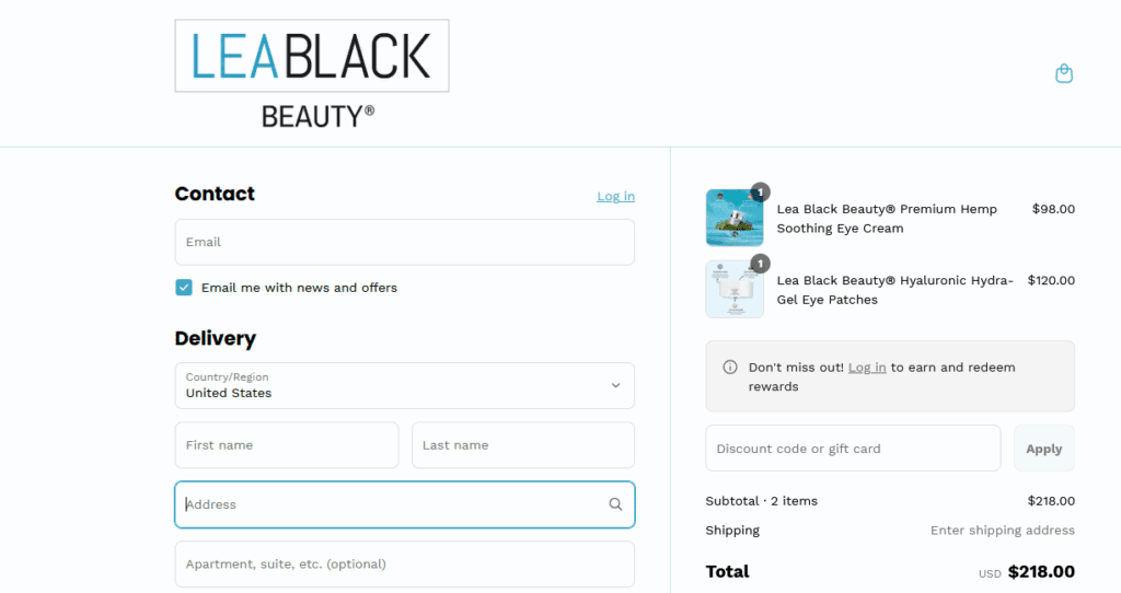 The online checkout form displayed by Lea Black Beauty