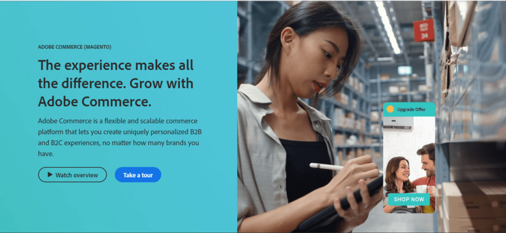 Magento’s homepage highlighting unique B2B & B2C experiences