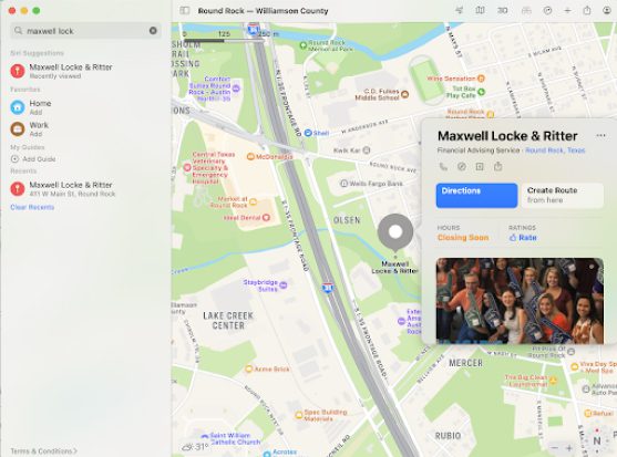 Apple Maps Listings for Maxwell, Locke and Ritter LLP Texas locations