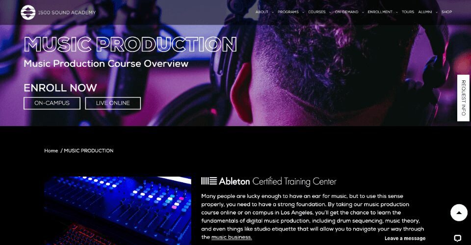 screenshot of 1500 Sound Academy's music production course page