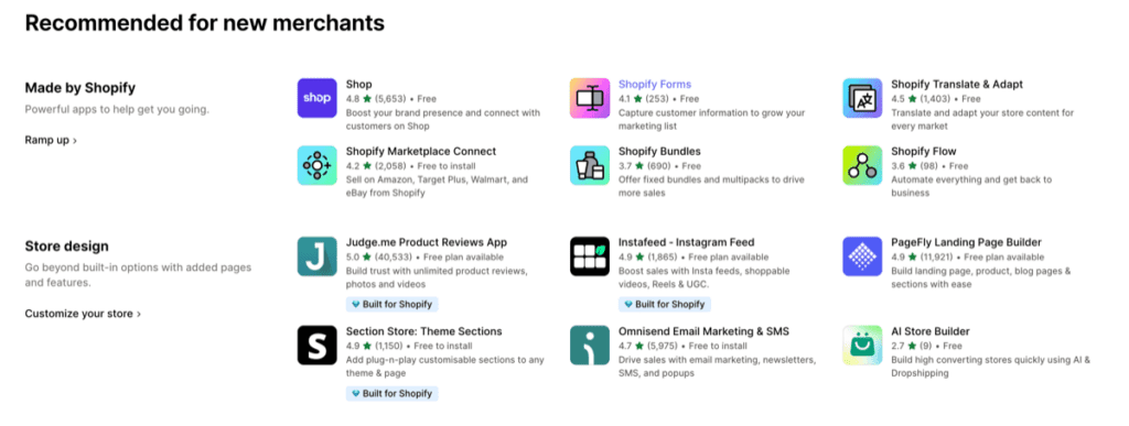 Shopify’s app recommendations for new merchants