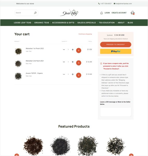 Silver Tips Tea Shopping Cart page