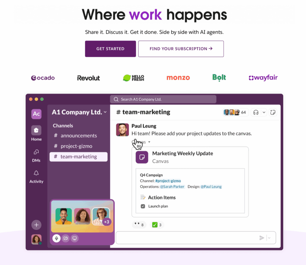 Slack window featuring a team marketing chat