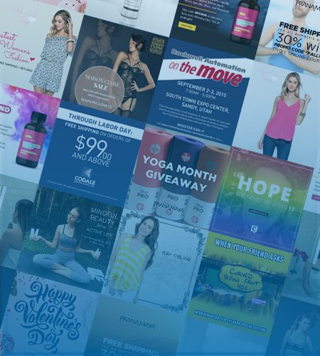 a screen showing multiple brightly colored social media ads