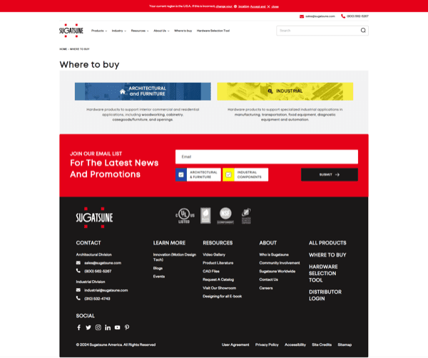 Sugatsune America’s Website Where to Buy landing page