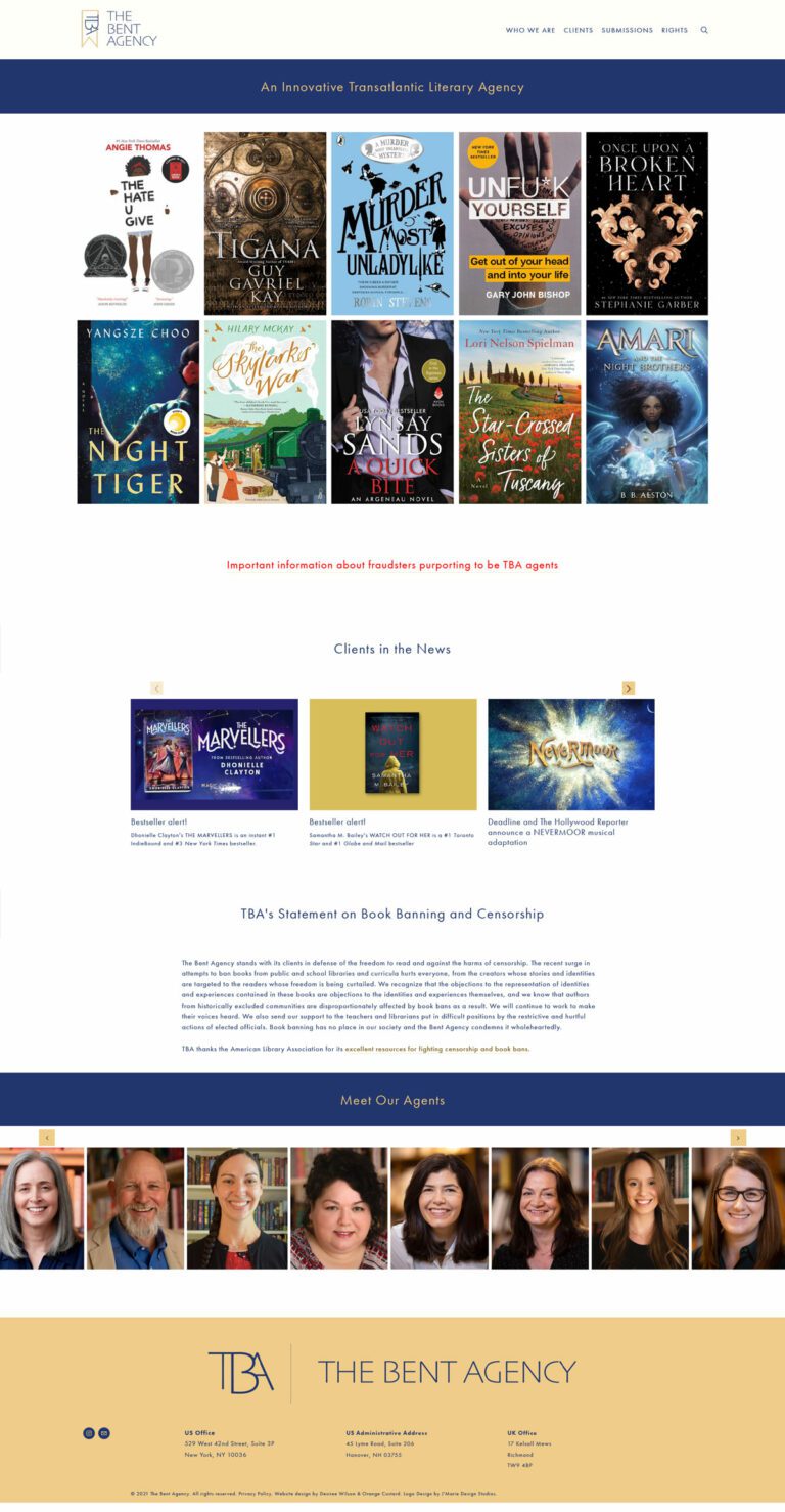 Bent Agency’s now homepage with images of books