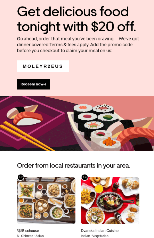 Uber email for an exclusive dining offer