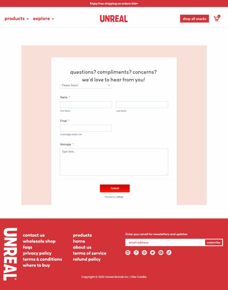 Unreal Brands Contact Us page