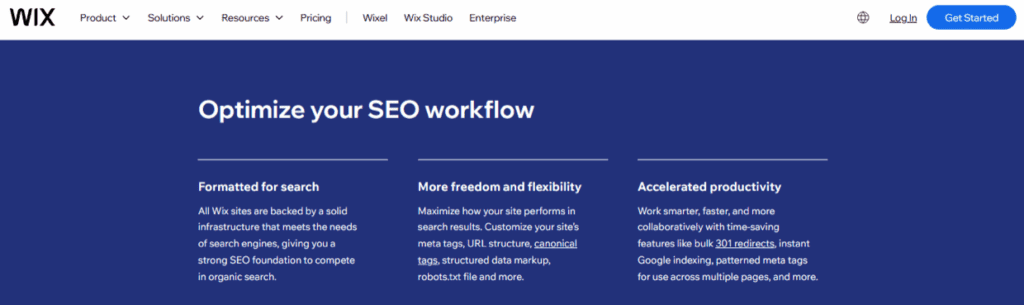 the Wix website’s SEO features