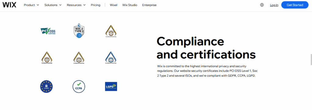 A collection of privacy and security accreditations obtained by Wix
