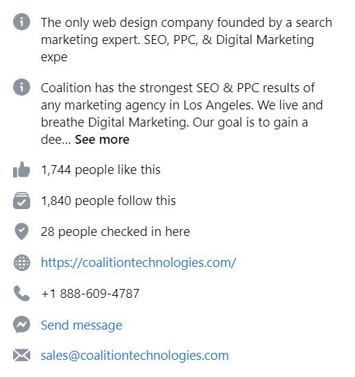 the ‘About’ section of a Facebook business page