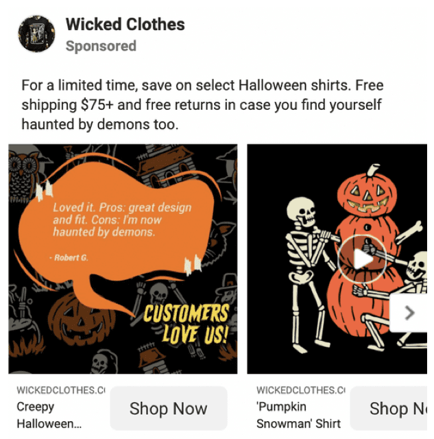 AB testing of a Facebook ad for Halloween shirts