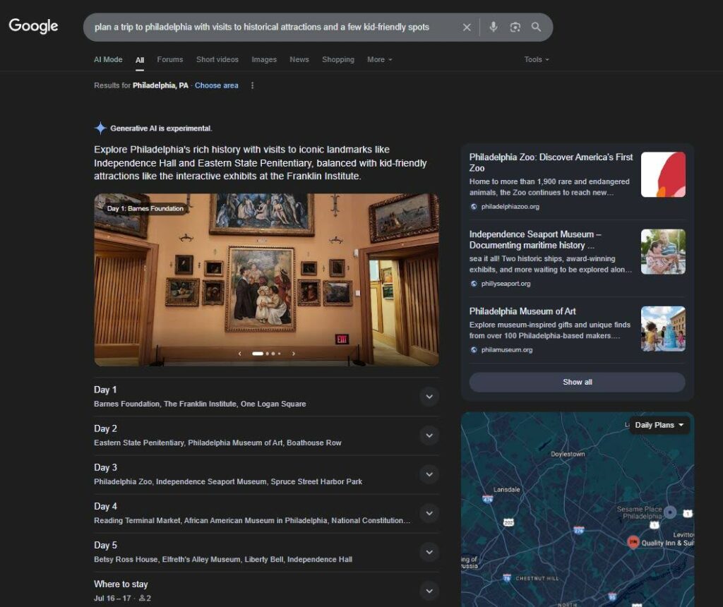 Google search query for planning a trip to Philadelphia