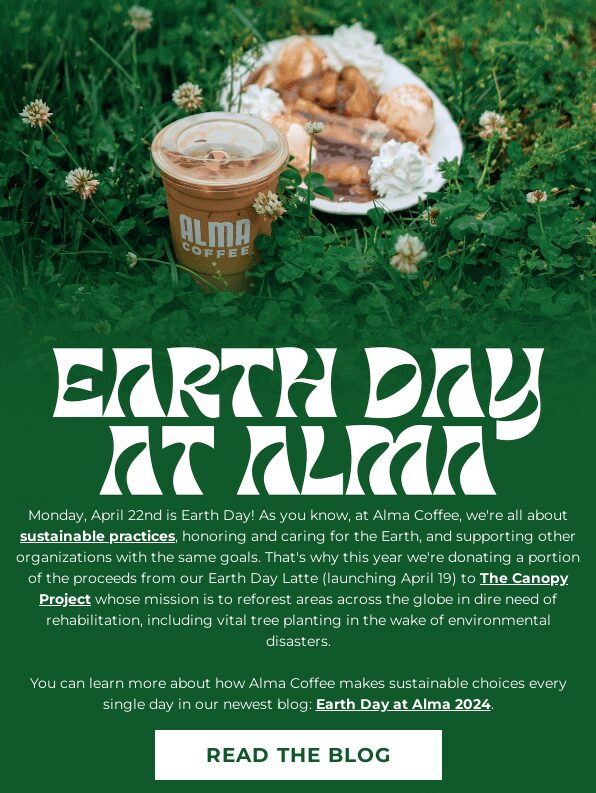 Alma Coffee Earth Day email about donations