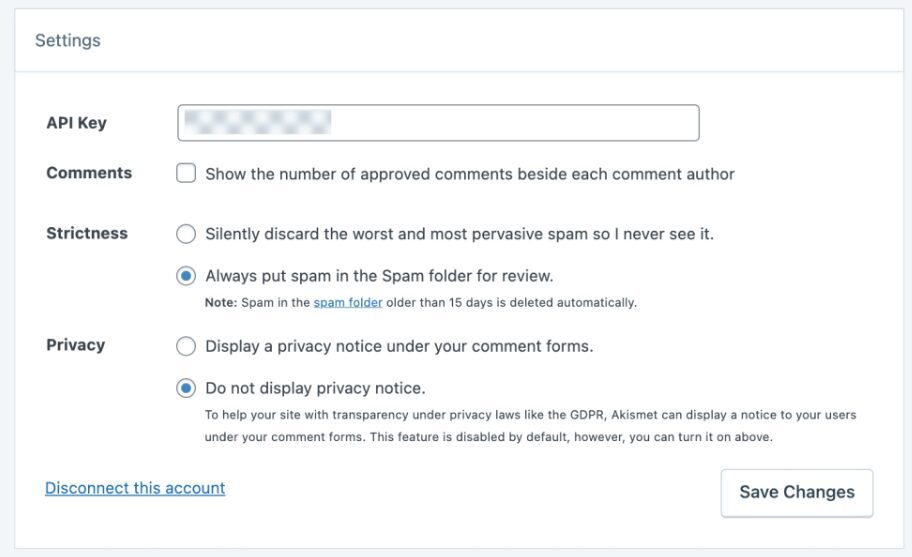 Settings display showing anti-spam features