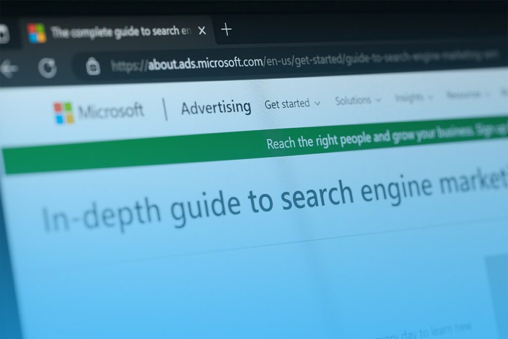 Close-up of a Microsoft Advertising webpage titled 'In-depth guide to search engine marketing' in a web browser