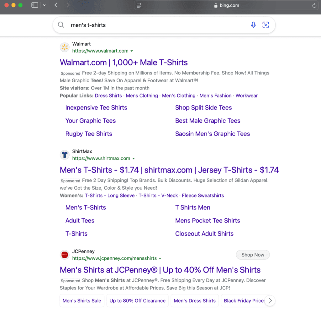 Bing search for men’s t-shirts