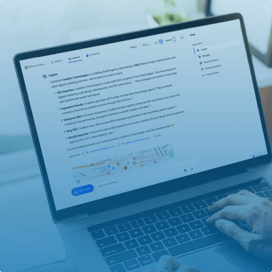 A person reviewing detailed information about an SEO company on a laptop screen.