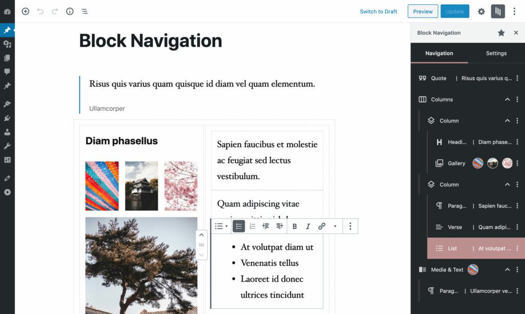 The WordPress block editor displaying how to navigate between blocks