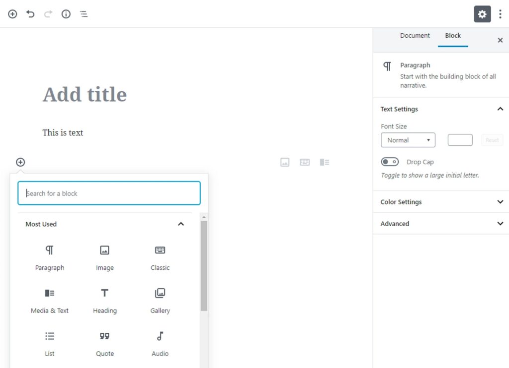 An image of the WordPress block editor displaying the settings sidebar and block inserter