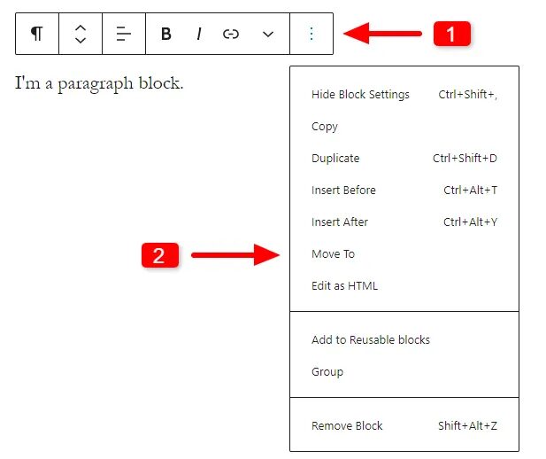 The WordPress Block editor showing how to move blocks
