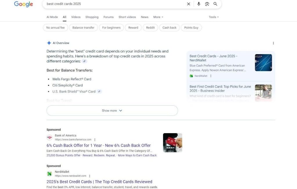 Bank of America and NerdWallet search ads on Google SERP